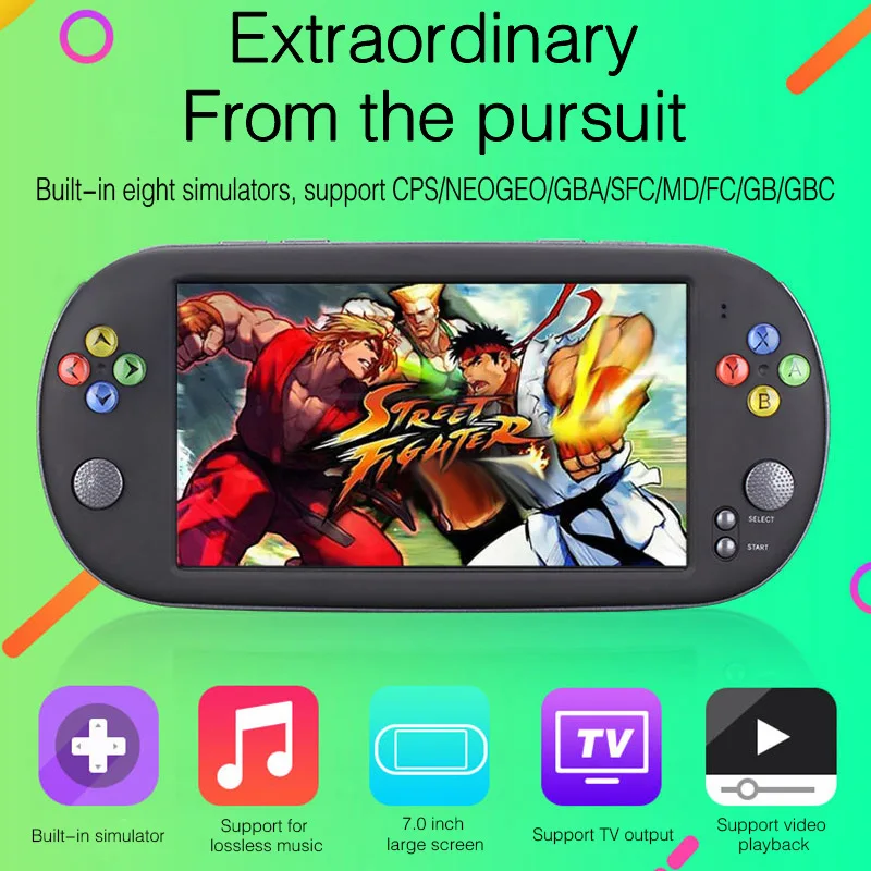 Multi-function 7inch handheld retro video game console Large HD screen Built-in 8emulators TV output music movies play E-book
Multi-function 7inch handheld retro video game console Large HD screen Built-in 8emulators TV output music movies play E-book