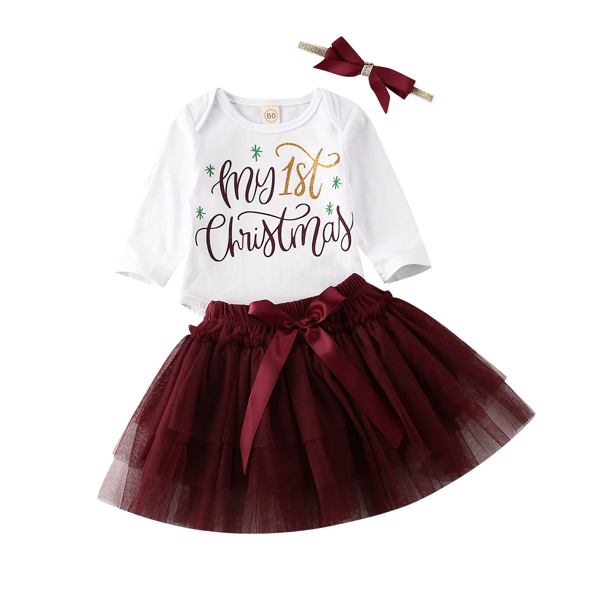 

Pudcoco 2020 Winter Xmas 0-18M Infant Baby Girl 3Pcs Set MY 1st CHRISTMAS Long Sleeve Letter Print Bodysuit+Tutu Skirt+Headband