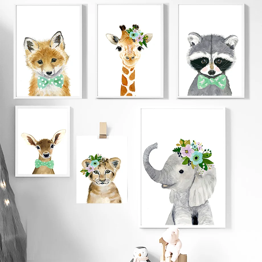 

Flower Bowknot Fox Lion Deer Giraffe Nordic Posters And Prints Wall Art Canvas Painting Animal Wall Pictures For Kids Room Decor