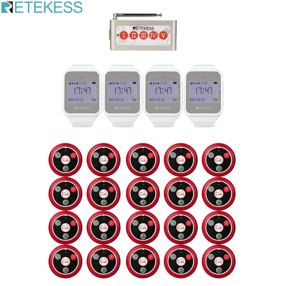 Retekess 4pcs Watch Receiver + 5 Keys Call Button + 20pcs Call Button Restaurant Calling System Kitchen Pager Customer Service
Retekess 4pcs Watch Receiver + 5 Keys Call Button + 20pcs Call Button Restaurant Calling System Kitchen Pager Customer Service