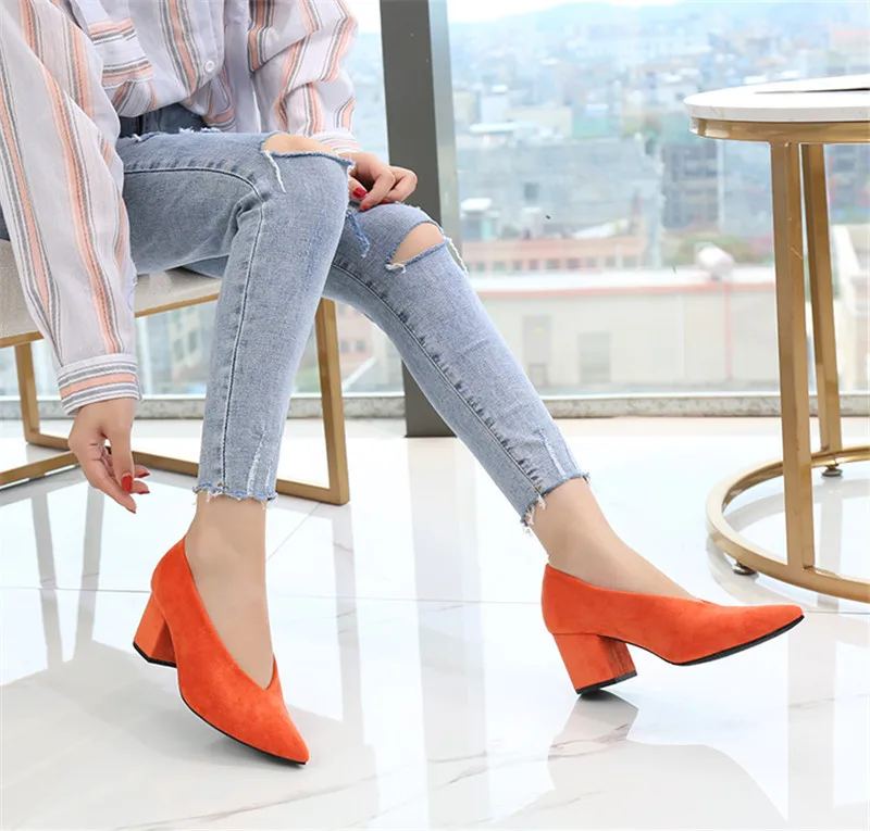 Korean High Thick Heel Single Shoes Female 2020 New High-heeled V-port Lady Shoes Comfortable Cashmere Women's Work Pumps Shoes  (10)