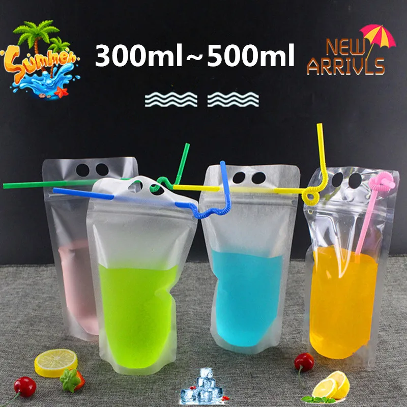 

50pcs 300ml~500ml Blank Summer Portable Beverage Ziplock Bag Beer Milk Bar Fruit Juice Coffee Party Drinks Bag Support Printing