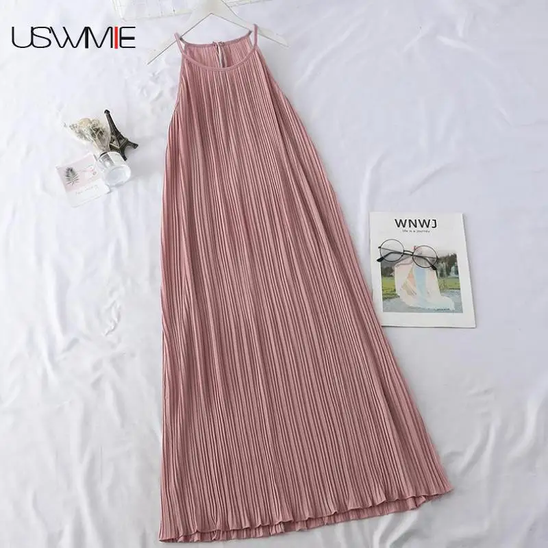 

Summer Dress Sleeveless Halter Top Summer Sexy Open Back Pleated Elegant Dress Holiday Fashion Beach Style Vestidos