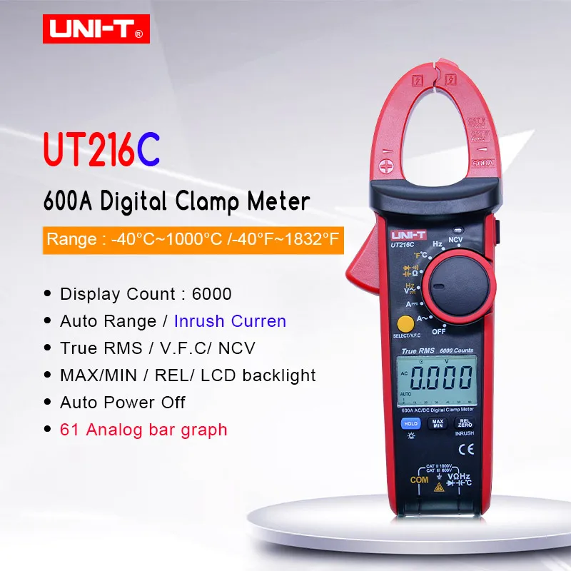 UNI-T UT216C ACA ACV True RMS Digital Clamp Mutimeter VFC NCV AC DC Amp Volt Capacitance Resistance Frequency C/F Thermometer
UNI-T UT216C ACA ACV True RMS Digital Clamp Mutimeter VFC NCV AC DC Amp Volt Capacitance Resistance Frequency C/F Thermometer