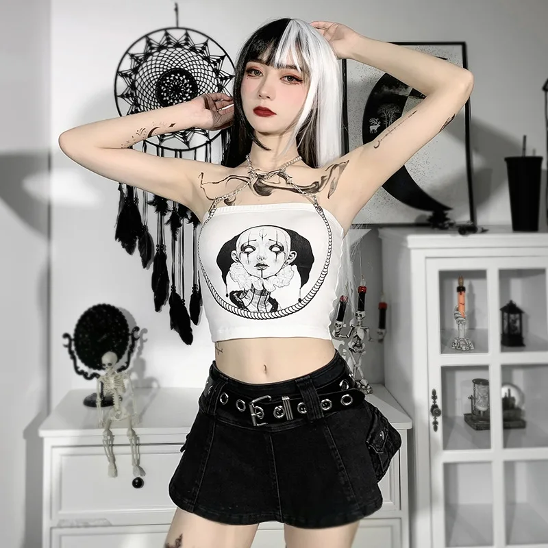 White Gothic Clown Print Women Camis 2021 Summer Sexy Lady Goth Punk Metal Chain Halter Slim Camisole Hipster Outdoor Street Top White Gothic Clown Print Women Camis 2021 Summer Sexy Lady Goth Punk Metal Chain Halter Slim Camisole Hipster Outdoor Street Top