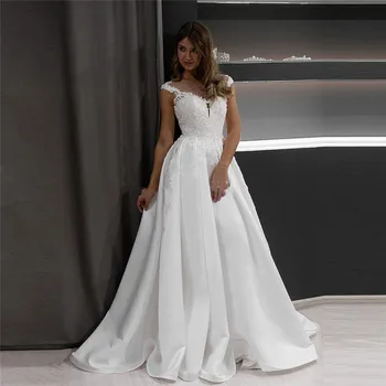 Sheer Scoop Lace Appliques A-Line Wedding Dress Buttons White Bridal Gowns Pleated Custom Bride Vestidos 2021 
Sheer Scoop Lace Appliques A-Line Wedding Dress Buttons White Bridal Gowns Pleated Custom Bride Vestidos 2021