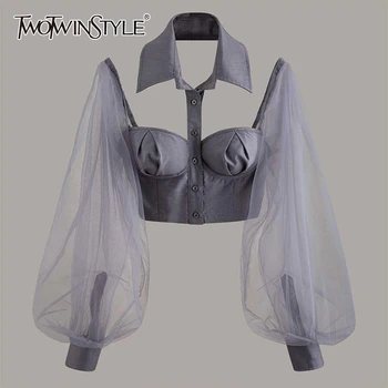 TWOTWINSTYLE Elegant Hollow Out Women Shirt Lapel Collar Lantern Long Sleeve Patchwork Mesh Short Blouse For Female Fashion Tide
TWOTWINSTYLE Elegant Hollow Out Women Shirt Lapel Collar Lantern Long Sleeve Patchwork Mesh Short Blouse For Female Fashion Tide
