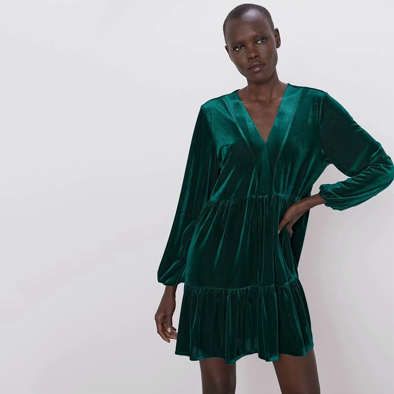 2019 ZA New Soft Velvet Dress for Women Sexy V-neck Long Sleeve Loose Dress Fashion Ruffled Dress for Party Vocation
2019 ZA New Soft Velvet Dress for Women Sexy V-neck Long Sleeve Loose Dress Fashion Ruffled Dress for Party Vocation