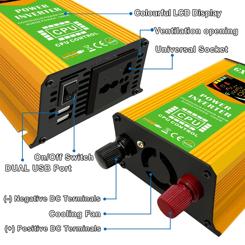 Modified Sine Wave Inverter High Frequency 500W Power Watt Power Inverter DC 12V to AC 220V Converter Car Power Charger Inverter
Modified Sine Wave Inverter High Frequency 500W Power Watt Power Inverter DC 12V to AC 220V Converter Car Power Charger Inverter