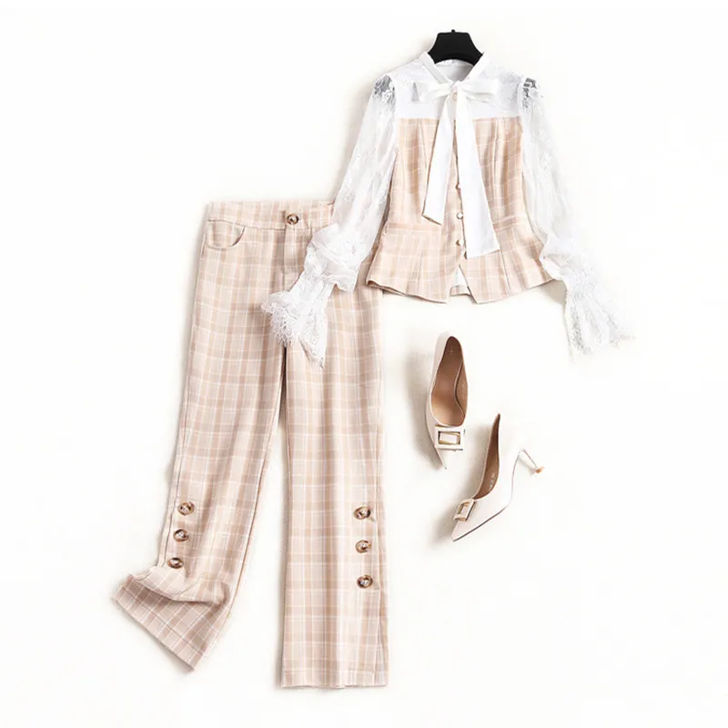 2 piece set Women plaid pant suit lace tops new 2020 spring summer bow collar white lace lantern sleeve tops blouse button
2 piece set Women plaid pant suit lace tops new 2020 spring summer bow collar white lace lantern sleeve tops blouse button