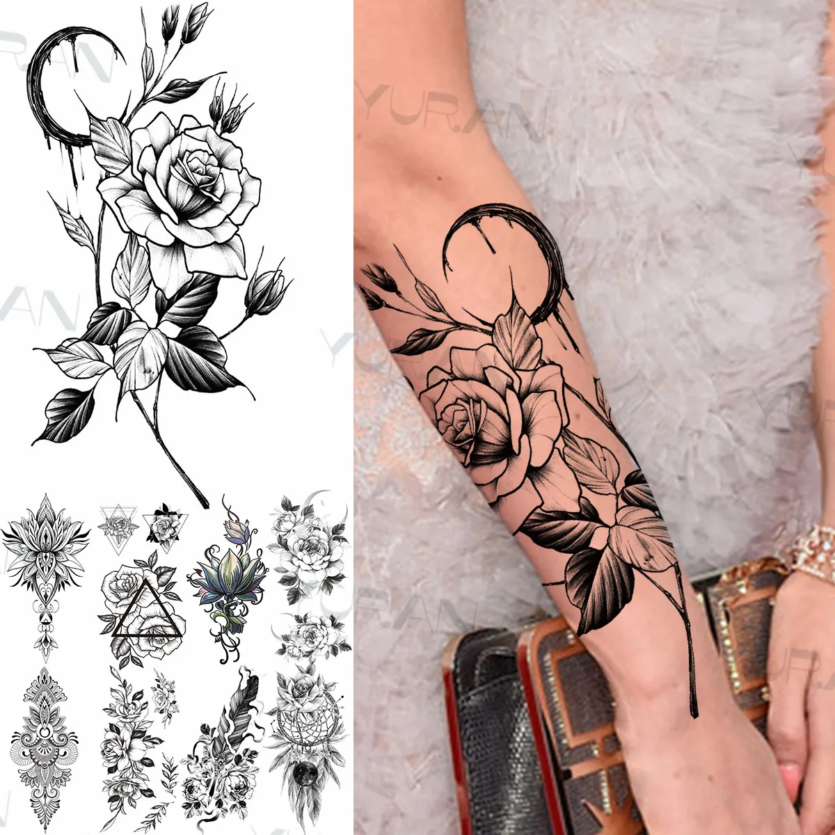 

Sexy Moon Rose Flower Temporary Tattoos For Women Girls Forearm Thigh Lotus Feather Plant Fake Tattoo Sticker Waterproof Tatoo