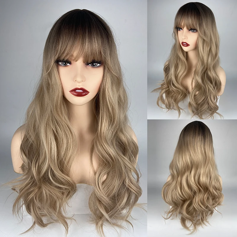 

URCGTSA Blonde Brown Ombre Synthetic Wigs Long Wavy Cosplay Party Wig for Women Natural Daily Heat Resistant Wig with Bangs