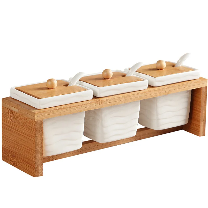 Kitchen supplies seasoning jar European simple kitchenware bamboo shelf ceramic spice box with |