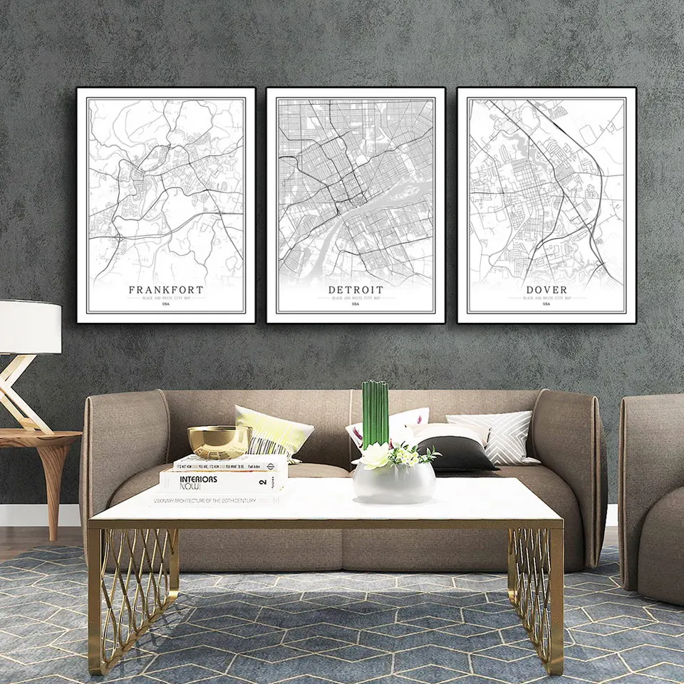 

America USA D-L Black White City Map Poster Living Room Las Vegas Houston Detroit Wall Art Pictures Home Decor Canvas Painting