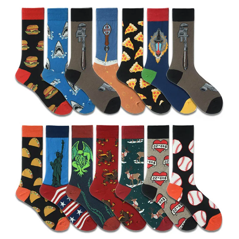 

5 Pairs/lot Happy Men Socks Beer Pizza Hamburg Dinosaur Novelty Funny Socks Men Hip Hop Calcetines Hombre Divertido Skarpetki