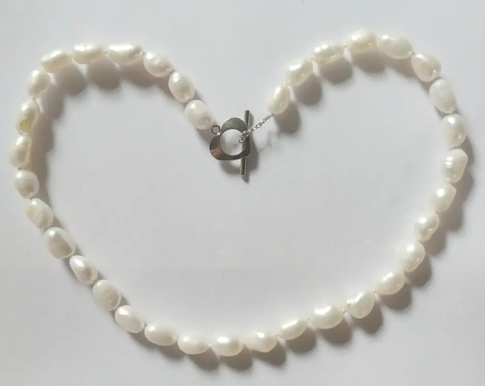 

10mm white baroque pearl choker necklace heart silver clasp natural Freshwater PEARL Women Jewelry 35cm 43cm 14'' 17''