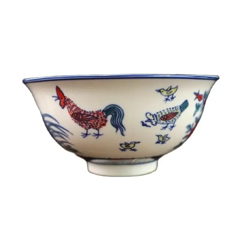 

Chinese Old Porcelain Pastel Porcelain Blue And White Plus Color Blessing Chicken Pattern Bowl