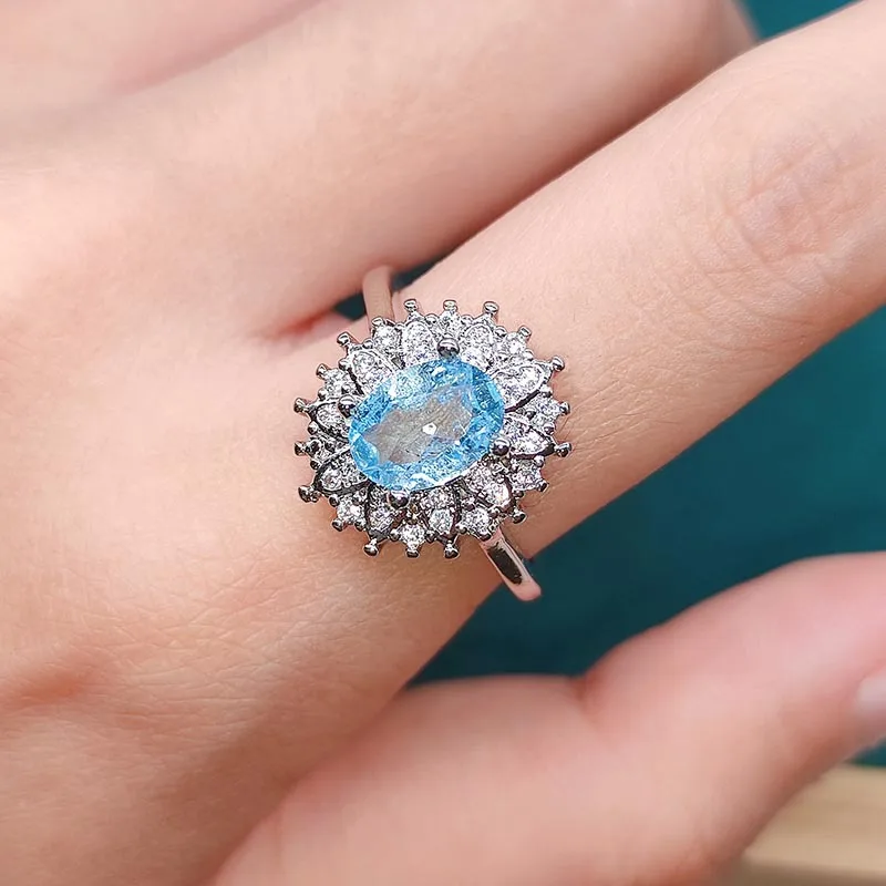 

Sky Blue Gem Crystal Zircon Silver Color Fine Ring Wedding Finger Ring Charm Female Jewelry Cocktail Ring Adjustable Opening