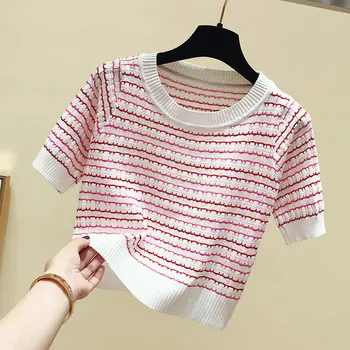 2020 Summer New Korean-style Tshirt Short Sleeve Striped T-shirts Tops Women's Thin Slim Fit Short Tops Female Knitted T-shirt
2020 Summer New Korean-style Tshirt Short Sleeve Striped T-shirts Tops Women's Thin Slim Fit Short Tops Female Knitted T-shirt