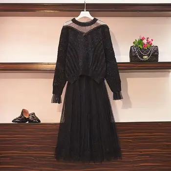 Women 2020 Autumn Winter Patchwork Mesh Long Sleeve Knitted Sweaters Tops+Elastic High Waist Pleated Mesh Midi Skirts Suit T314
Women 2020 Autumn Winter Patchwork Mesh Long Sleeve Knitted Sweaters Tops+Elastic High Waist Pleated Mesh Midi Skirts Suit T314