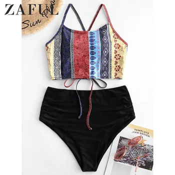 

ZAFUL Bohemian Flower Paisley Lace Up Tummy Control Tankini Swimsuit Padded Ruched Two Pieces Swimsuit High Waisted Tankini Sets