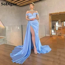 

SoDigne Sky Blue Satin Mermaid Evening Dress High Split Off Shoulder Prom Party Gowns Elegant Formal Women Celebrity Dresses