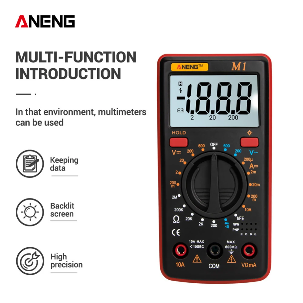 ANENG M1 Auto Digital Multimeter Backlight AC/DC Ammeter Voltmeter Ohm Portable Meter voltage Transistor Test Mmulti Meter
ANENG M1 Auto Digital Multimeter Backlight AC/DC Ammeter Voltmeter Ohm Portable Meter voltage Transistor Test Mmulti Meter