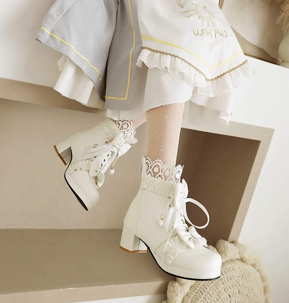 Pink White Black Chunky Heel Lolita Shoes Butterfly-knot Hollow Lace Womens Cosplay Princess Court Vintage Winter Ankle Boots Pink White Black Chunky Heel Lolita Shoes Butterfly-knot Hollow Lace Womens Cosplay Princess Court Vintage Winter Ankle Boots