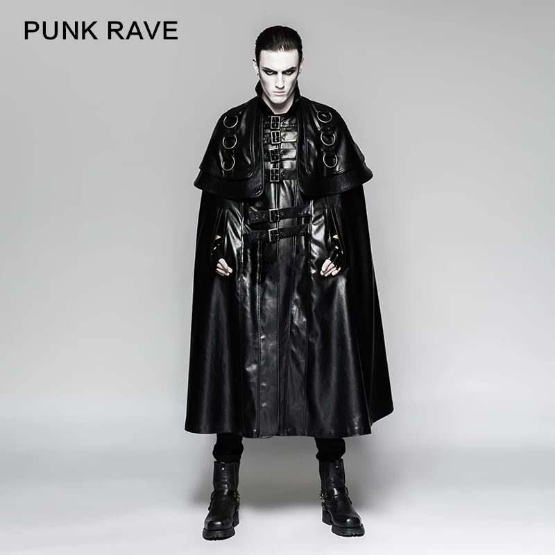 Фото PUNK RAVE Men Punk Rock Long Cloak Steampunk Leathe Cape Coat Party Stage Perform Black Trench | Мужская одежда