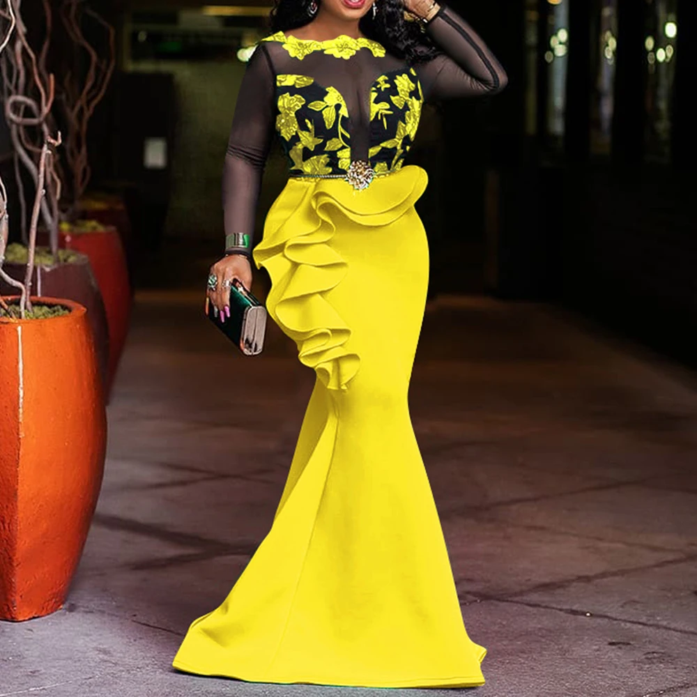Sexy Sheer Mesh Patchwork Evening Party Dress African Ladies Bodycon Ruffles Peplum Long Dress Maxi Club Dinner Mermaid Vestidos
Sexy Sheer Mesh Patchwork Evening Party Dress African Ladies Bodycon Ruffles Peplum Long Dress Maxi Club Dinner Mermaid Vestidos
