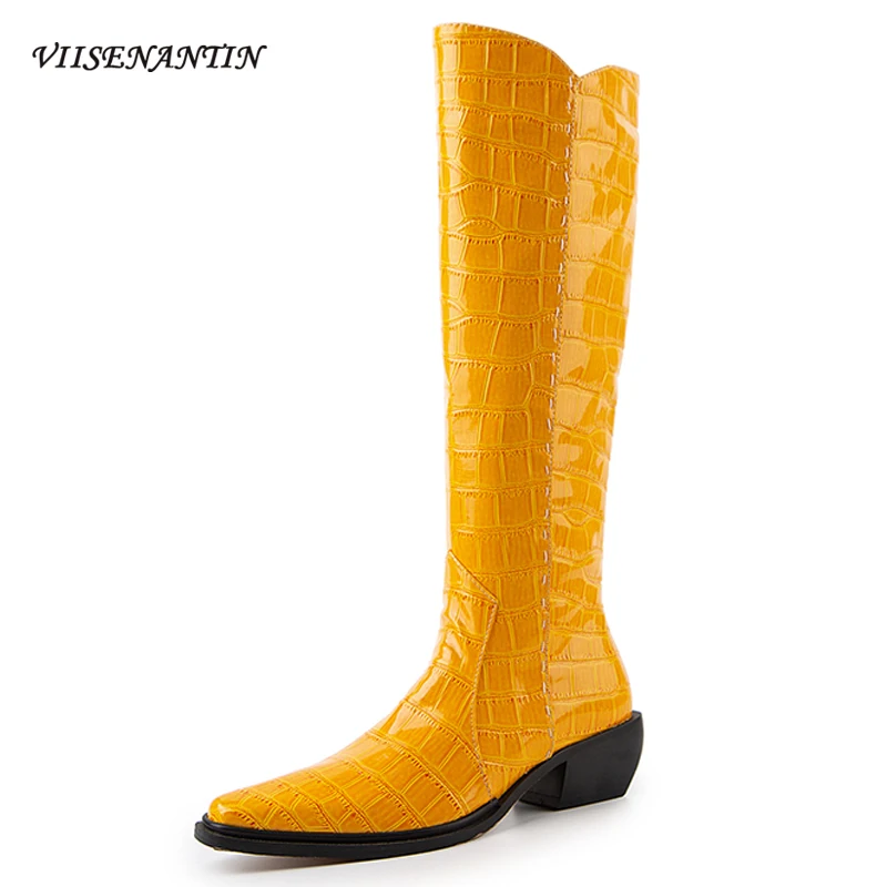 

Chunky Med Heel Women Knee High Boots Pointed Toe Cowboy Cool Bootie Knight Motorcycle Boots High Quality Half Botas De Mujer