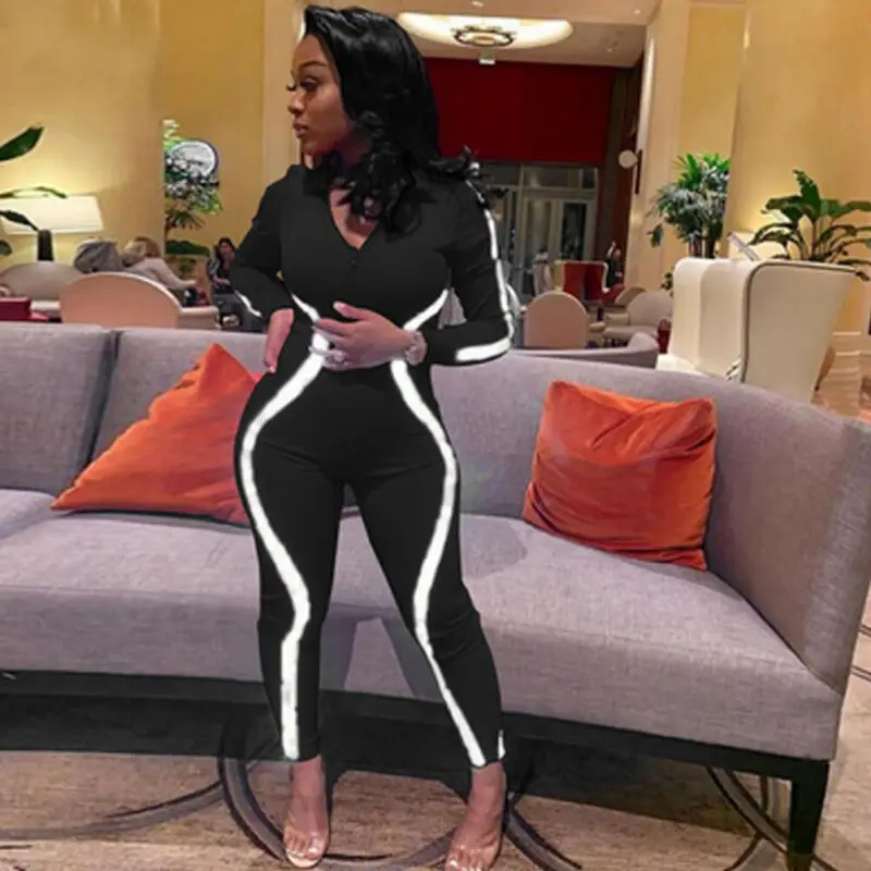 Women 2019 Autumn Reflective Striped Jumpsuit Lady Chic Zip V-Neck Long Sleeve Bodycon Romper Sexy Skinny Pants Streetwear |