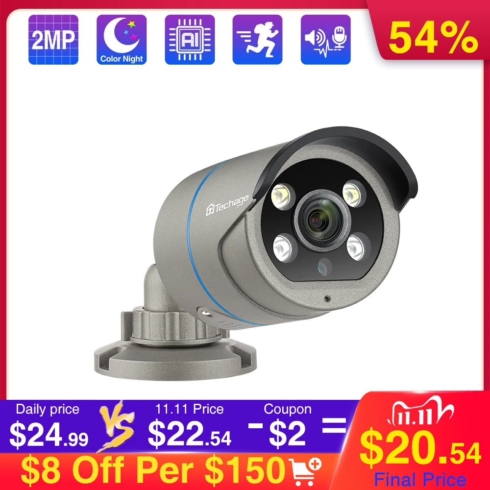 Techage H.265 1080P 48V POE IP Camera Two-Way Audio AI Human Detected 2MP IP Camera Onvif Waterproof CCTV Video Surveillance POE
Techage H.265 1080P 48V POE IP Camera Two-Way Audio AI Human Detected 2MP IP Camera Onvif Waterproof CCTV Video Surveillance POE