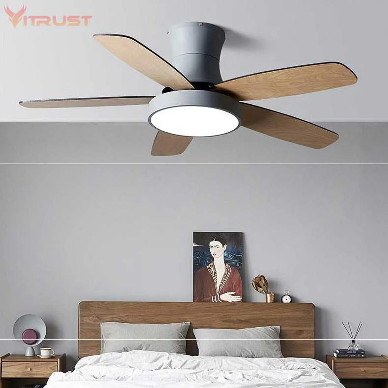 Фото Простой деревянный потолочный вентилятор лампа с 5 лопастями и светодиодной