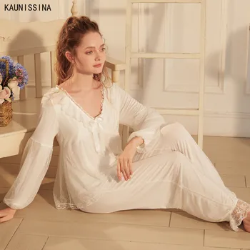 Women White Pajamas Set Princess Sleepwear Lace Lingerie Cotton Night Suit Long Sleeve V-Neck Long Pants Pajama Autumnn Homewear 
Women White Pajamas Set Princess Sleepwear Lace Lingerie Cotton Night Suit Long Sleeve V-Neck Long Pants Pajama Autumnn Homewear