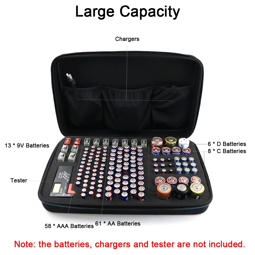 

Battery Storage Box Holds 146 Batteries AA AAA C D 9V for Chargers Shockproof Hard Carrying Case Bag Holder Organizer Container