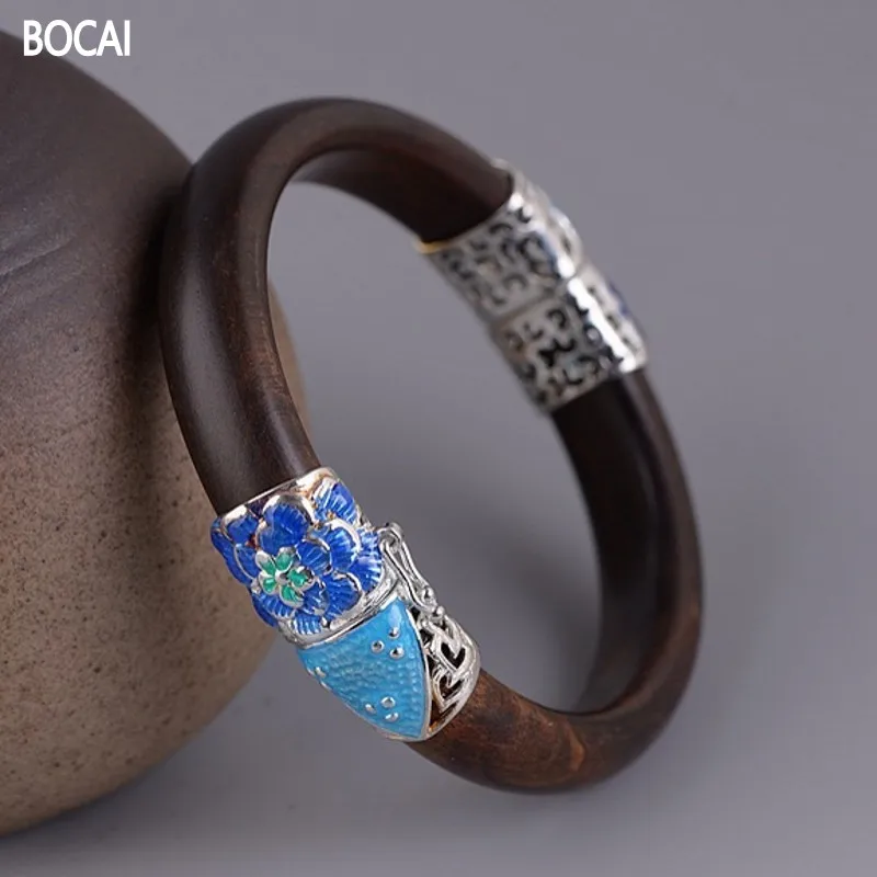 

BOCAI New Real 100% S925 silver jewelry peony flower burnt blue, female ebony bracelet ethnic style cloisonne bracelet for Woman