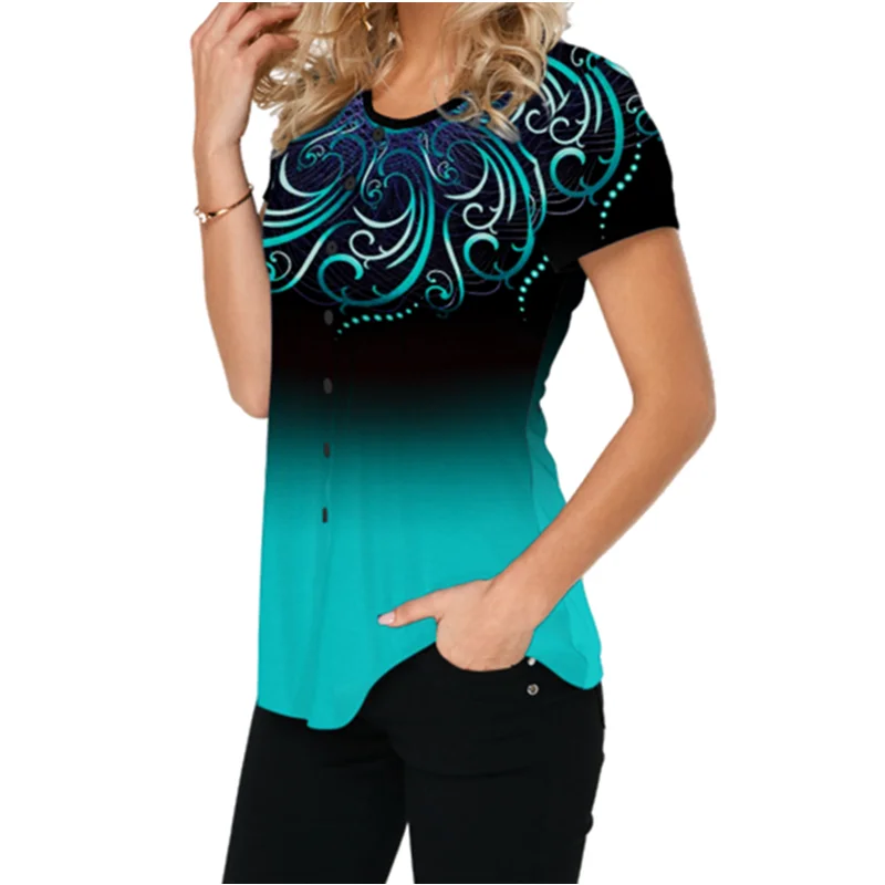 Women Casual Short Tshirts 2020 Plus Size 5XL Gradient Color Print Summer Tshirt O-Neck Button Tees Top Femme Loose Shirts