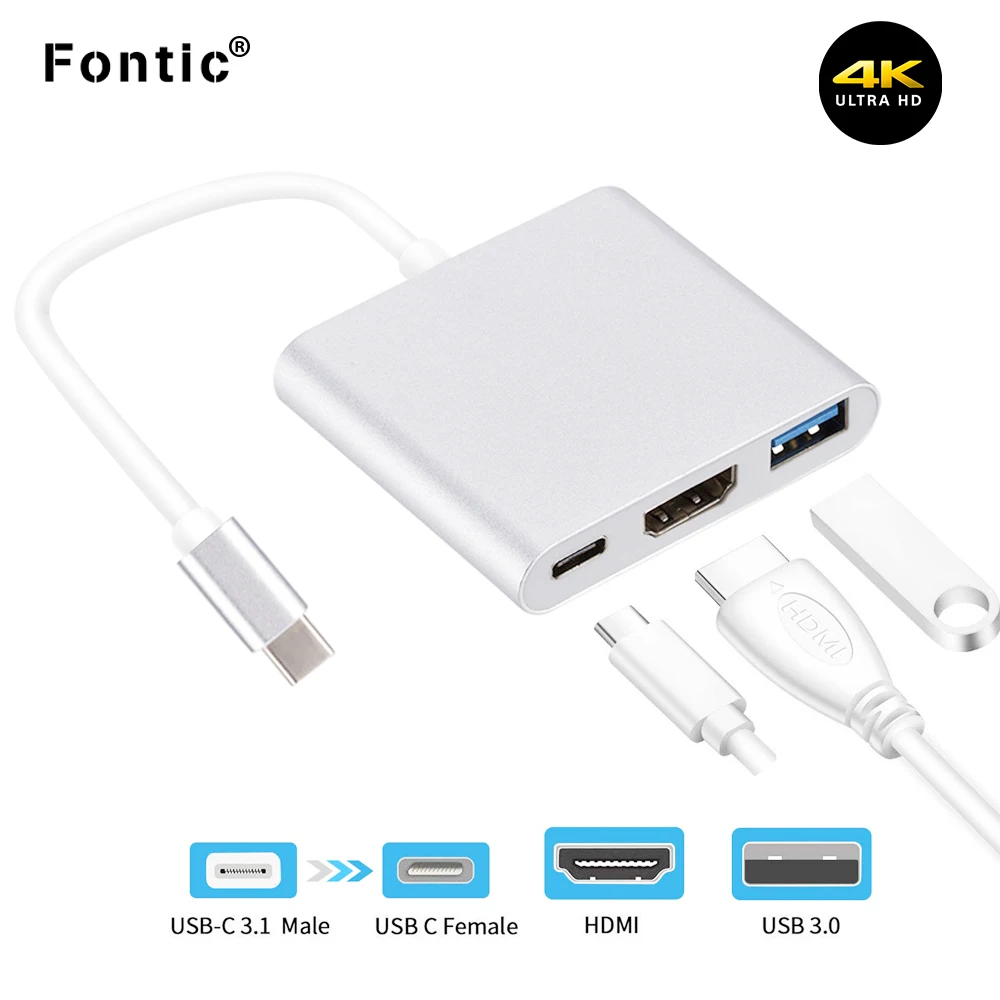 3 In 1 Type C to HDMI Hub USB Type-C to HDMI + USB3.0 + Type-C Female Multiport Adapter 4K HDMI USB Adapter Cable
3 In 1 Type C to HDMI Hub USB Type-C to HDMI + USB3.0 + Type-C Female Multiport Adapter 4K HDMI USB Adapter Cable