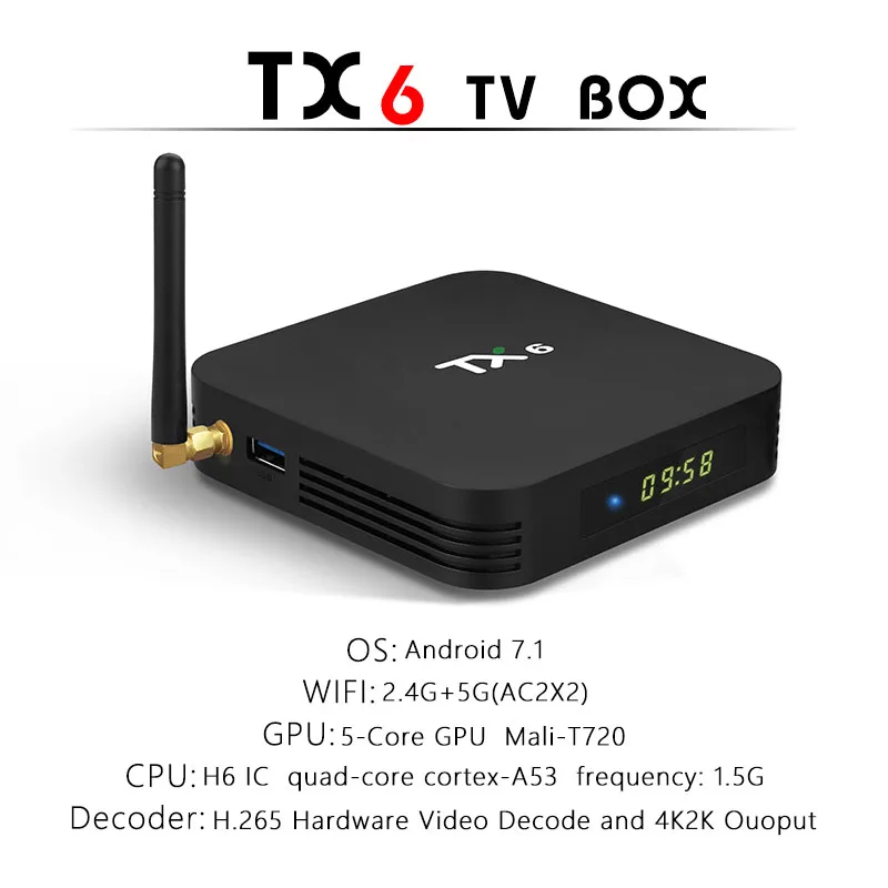 

Android 9.0 TV Box TX6 4GB RAM 64GB 5.8G Wifi Allwinner H6 Quad Core USD3.0 BT4.2 4K Google Player Youtube Tanix Set Top Box TX6