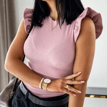 Summer Ribbed Ruffles T-shirts Women Sleeveless O-Neck Slim Female T-shirt 2020 Spring Fashion Solid Bodycon Casual Ladies Tops 
Summer Ribbed Ruffles T-shirts Women Sleeveless O-Neck Slim Female T-shirt 2020 Spring Fashion Solid Bodycon Casual Ladies Tops