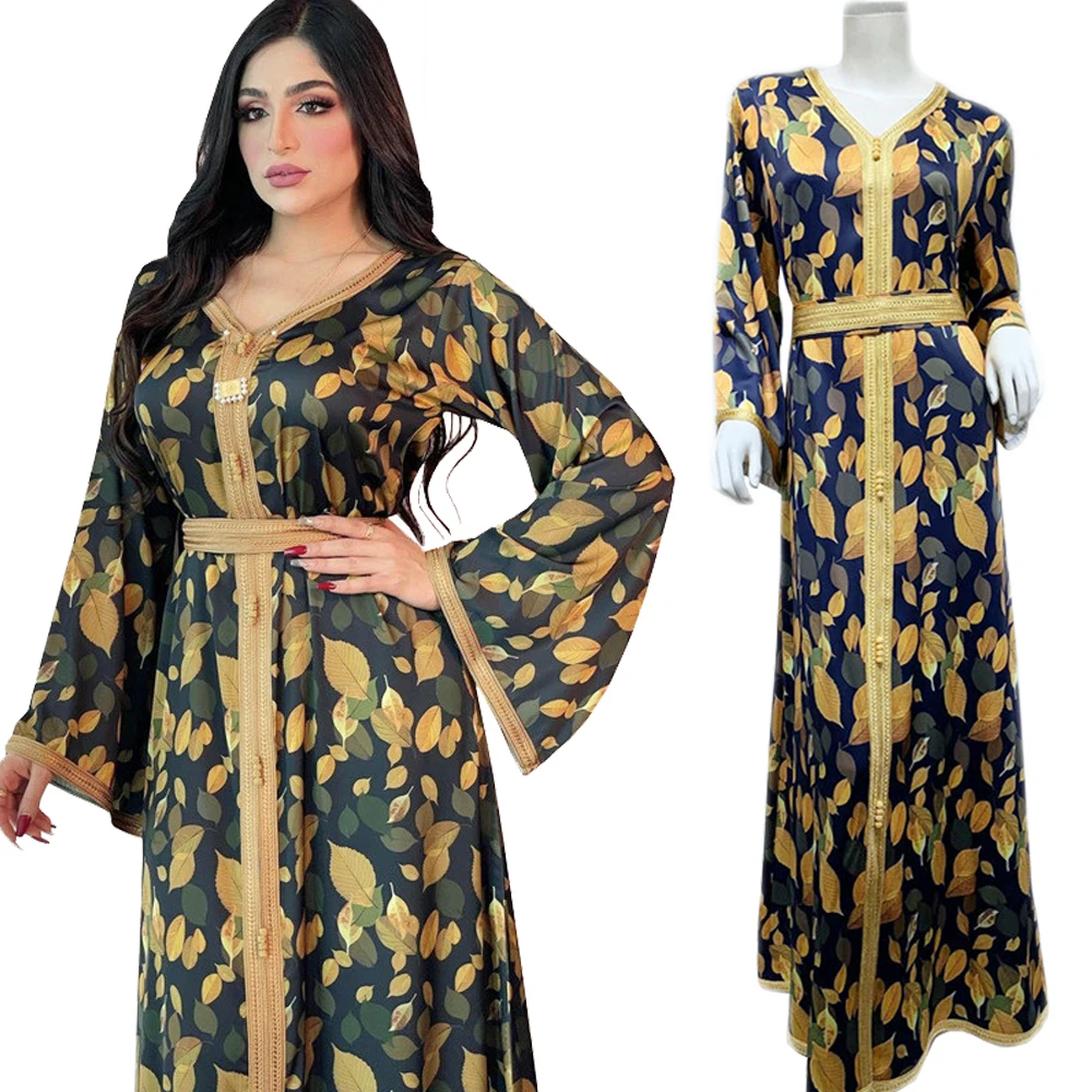 

Dubai Floral Print Long Dress Muslim Women Arabic Jalabiya Kaftan Eid Ramadan Maxi Robe Islamic Abaya Middle East V-neck Gown