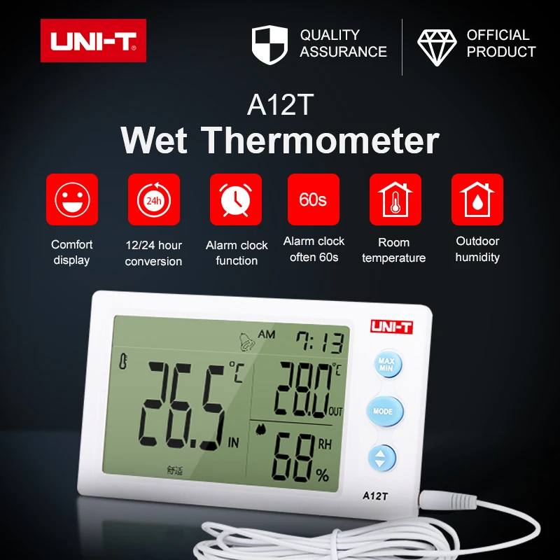 A12T Digital Temperature Humidity Measuring Instrument External Sensor Probe Alarm Clock and 12/24 Time Mode Large Screen
A12T Digital Temperature Humidity Measuring Instrument External Sensor Probe Alarm Clock and 12/24 Time Mode Large Screen