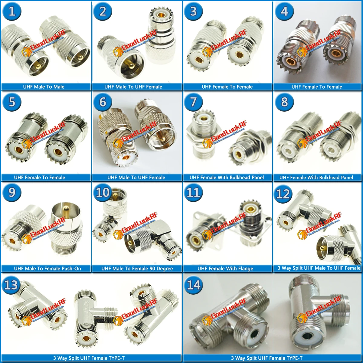 Kit Set PL259 SO-239 UHF Male To UHF Female with O-ring Bulkhead Panel Flange 90 Degree Right Angle Straight
Kit Set PL259 SO-239 UHF Male To UHF Female with O-ring Bulkhead Panel Flange 90 Degree Right Angle Straight