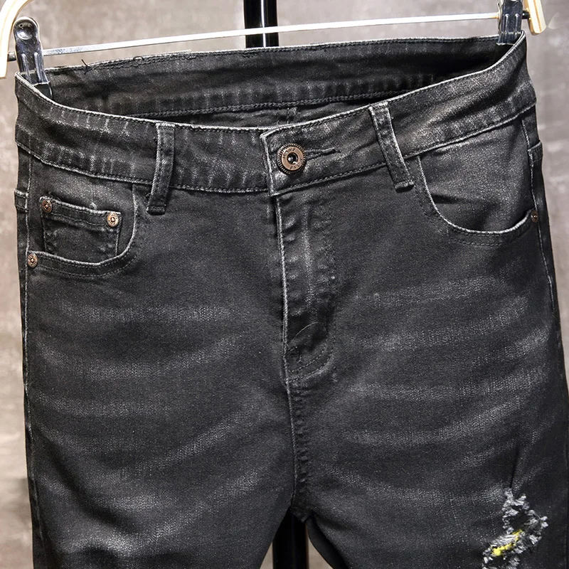 Waliicorners Men's Black Ripped Jeans Slim Fit Locomotive Pants Stretch Retro Men's High Quality Hip-hop Trousers Color patch Punk Streetwear 7