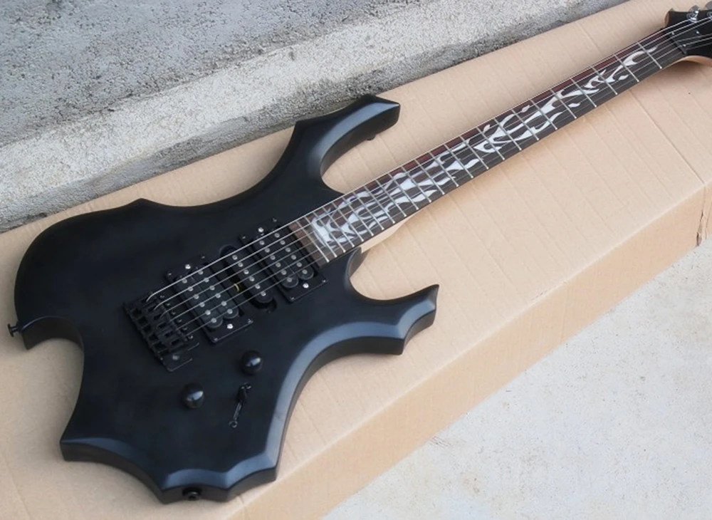 

Matte Black Unusual Shaped Electric Guitar with White Pearled Inlay,Rosewood Fretboard,Color Can be Customized