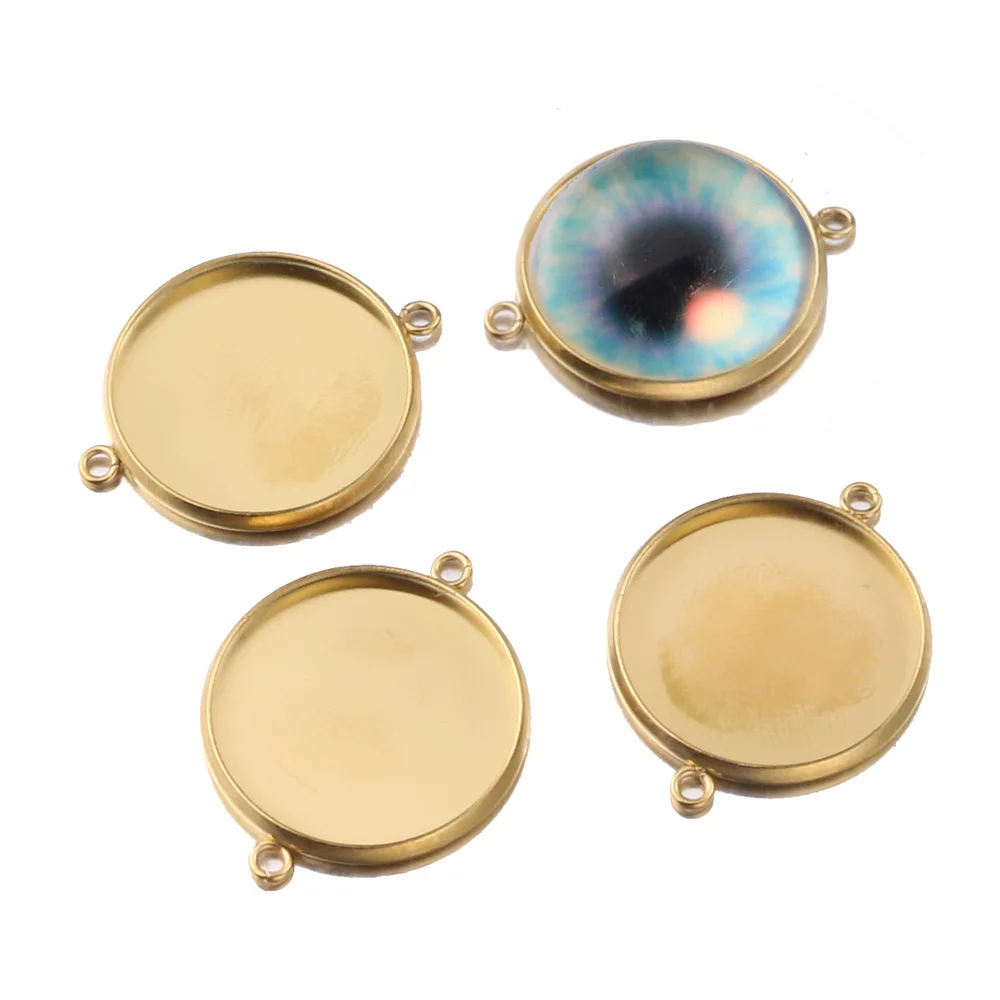 

5pcs/lot 20mm Two Holes Hanging Stainless Steel 18K Gold Plating Cameo Cabochon Base Setting for DIY Connectors Jewelry Making