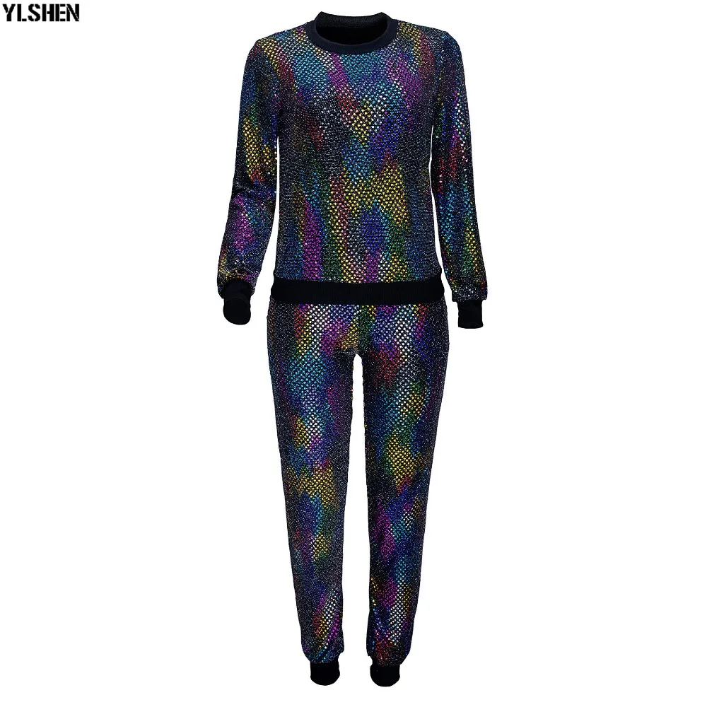 2 Two Piece Set Women Tracksuit Sexy Sequins Long Sleeve Clothes Plus Size Club Outfits Tops +Pants Sweat Suits Matching Sets 44