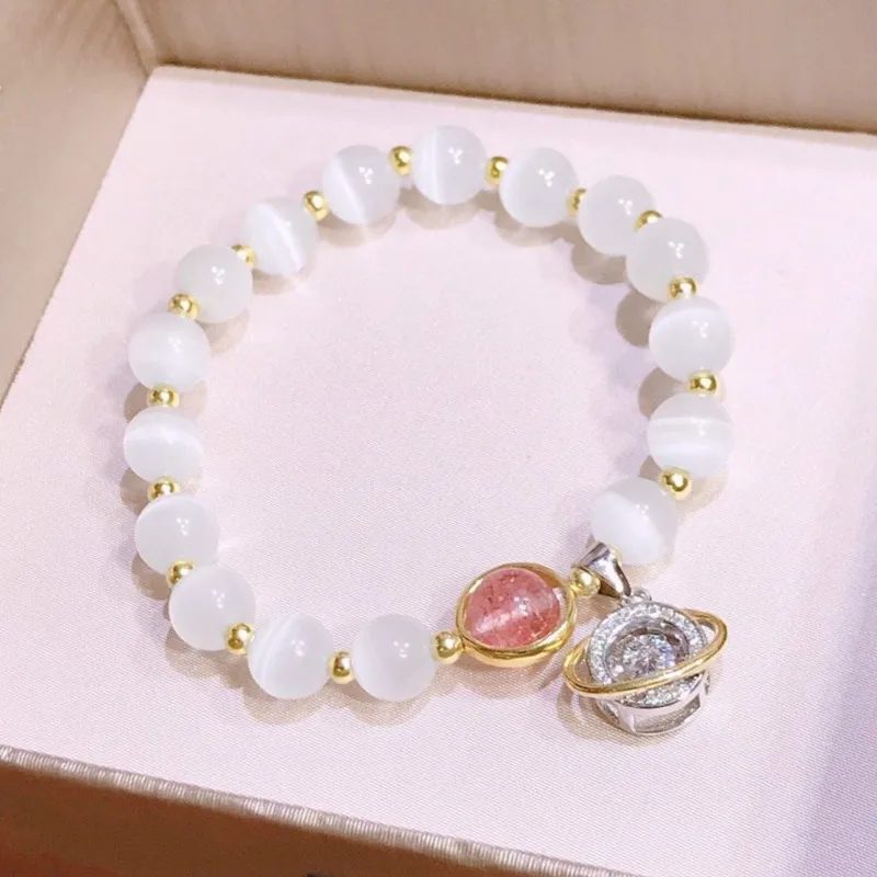 

925 Sterling Silver Precious Opal Chain Bracelet Planet Beads Embrace Strawberry Quartz Fine Jewelry Women Valuable Ball Gem