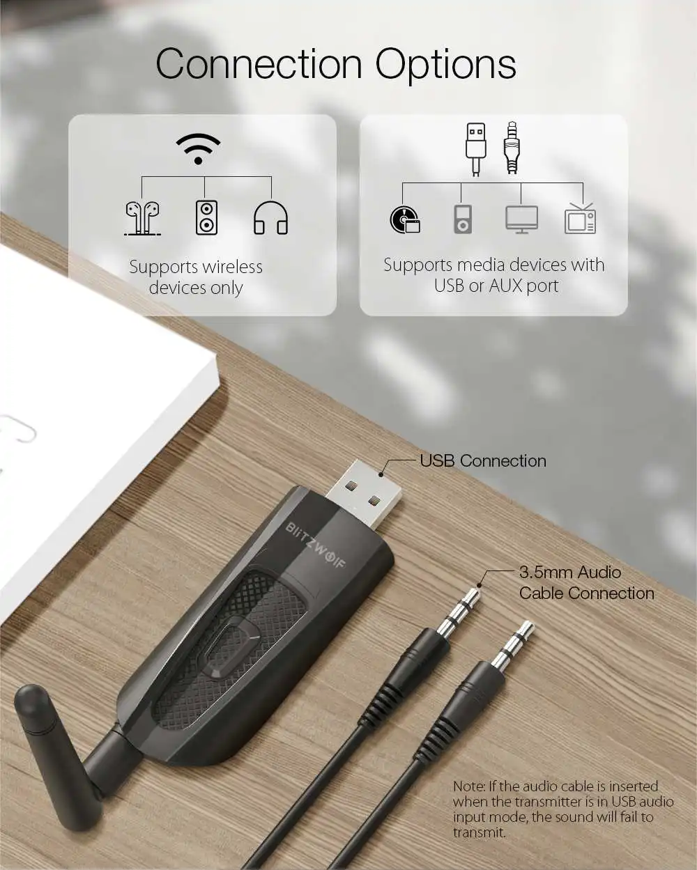 BlitzWolf BW-BR1 Pro Wireless bluetooth V5.0 USB Receiver Audio Transmitter 2 in 1 Adapter for PC/TV